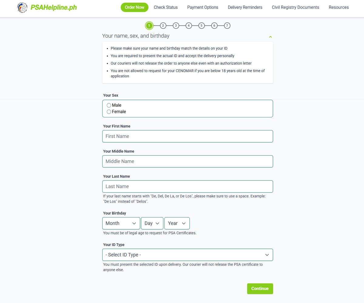 Provide required personal details for PSA CENOMAR online application.